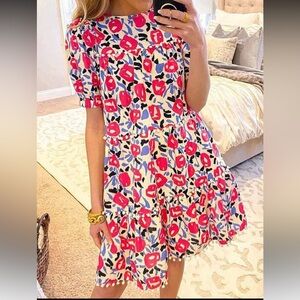 Cute Floral Print Puff Sleeve pompom Dress for summer/beach wear
